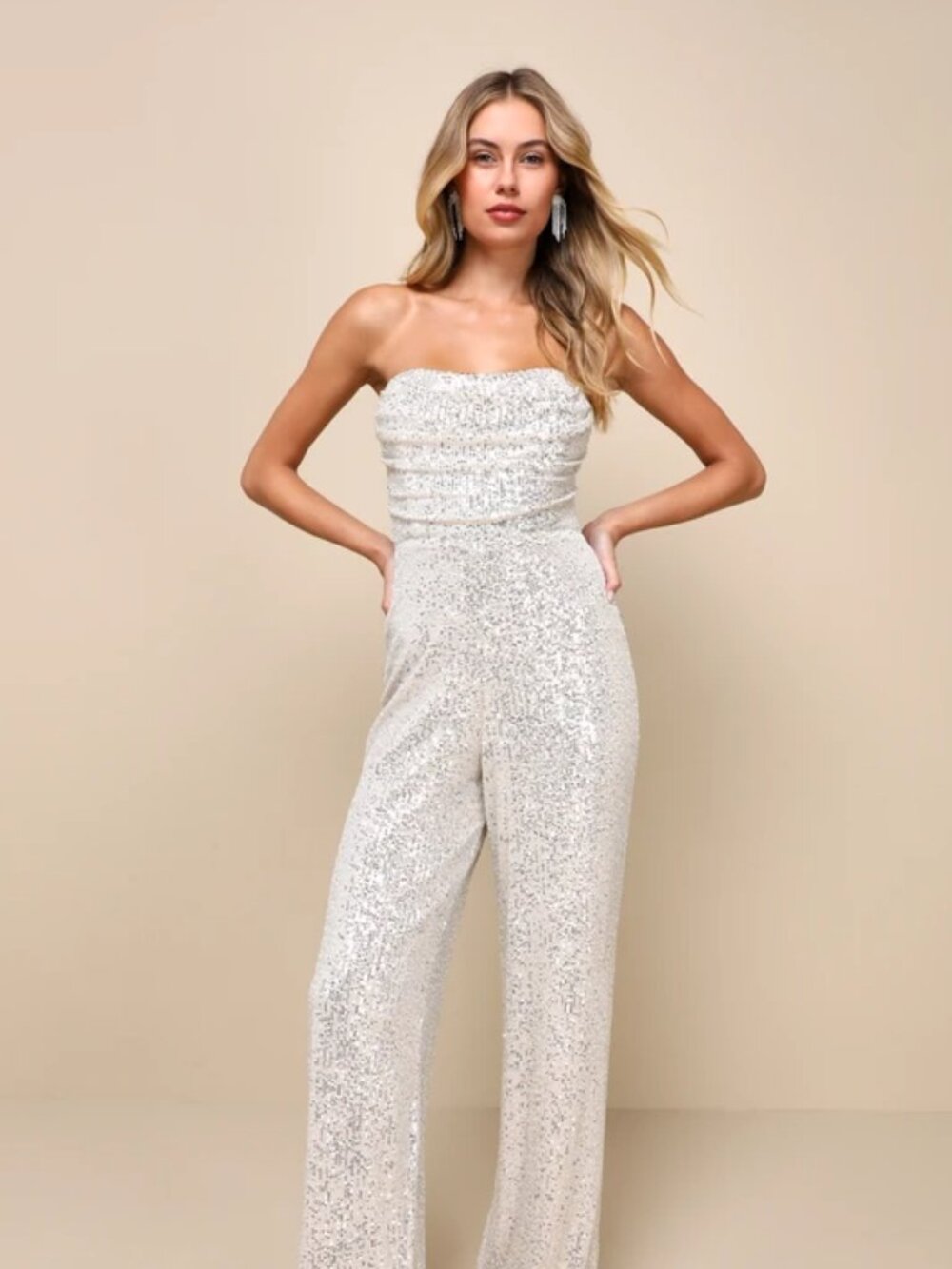 Glorious Vision Silver Sequin Strapless Wide-Leg Jumpsuit